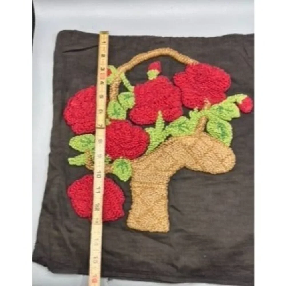 Vtg 2 Pc Handmade Punched Black Pillow Covers Colorful Floral